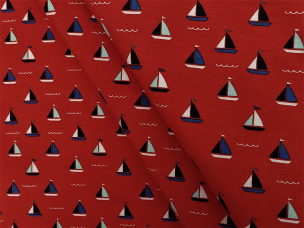 Jersey Baumwolle Segelboot mit Wellen - rot