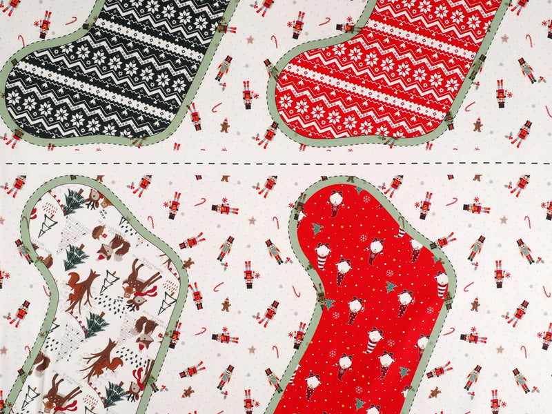Weihnachtsstoff Baumwolle Paneele/Coupon Stiefel zum Ausschneiden Patchwork  - weiß/grün