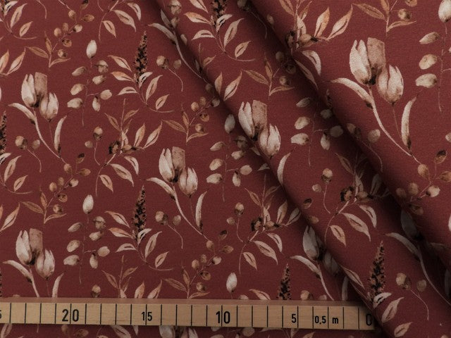 Jersey Baumwolle Herbstblumen - dunkelrot