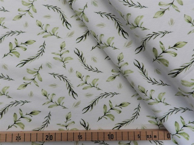 Jersey Baumwolle grüne Blätter & Zweige - weiß