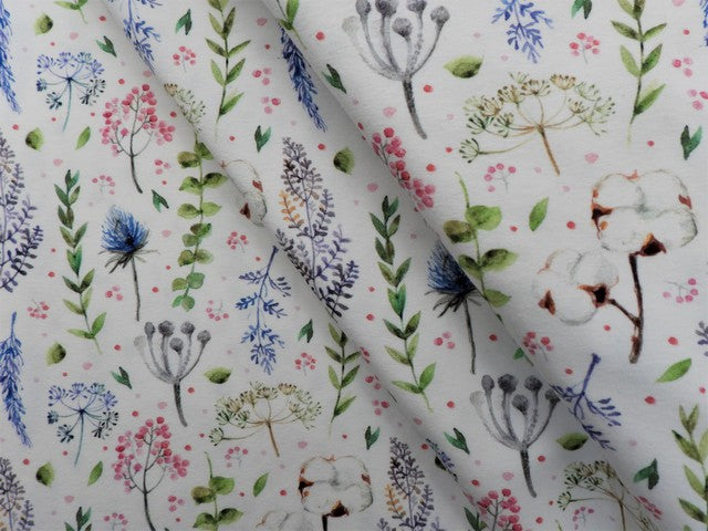 Jersey Baumwolle verschiedene Blumen und Zweige - weiß