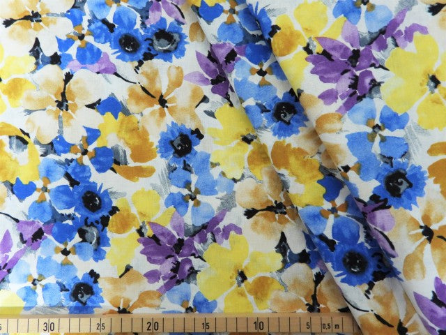 Leinen Viskose - Blumen aquarell - blau