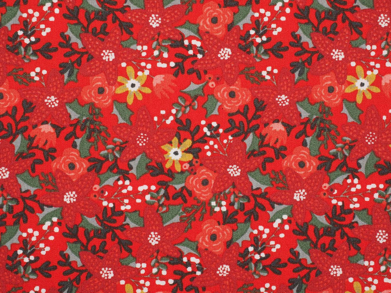 Baumwolle Weihnachtszweige mit Blüten - rot
