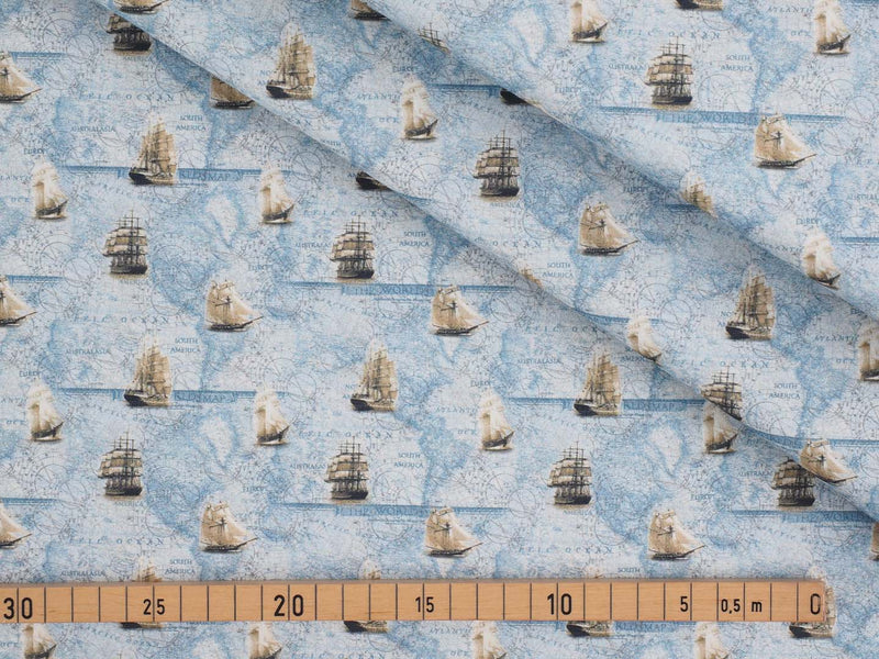 Baumwolle Seekarte und Boote - blau