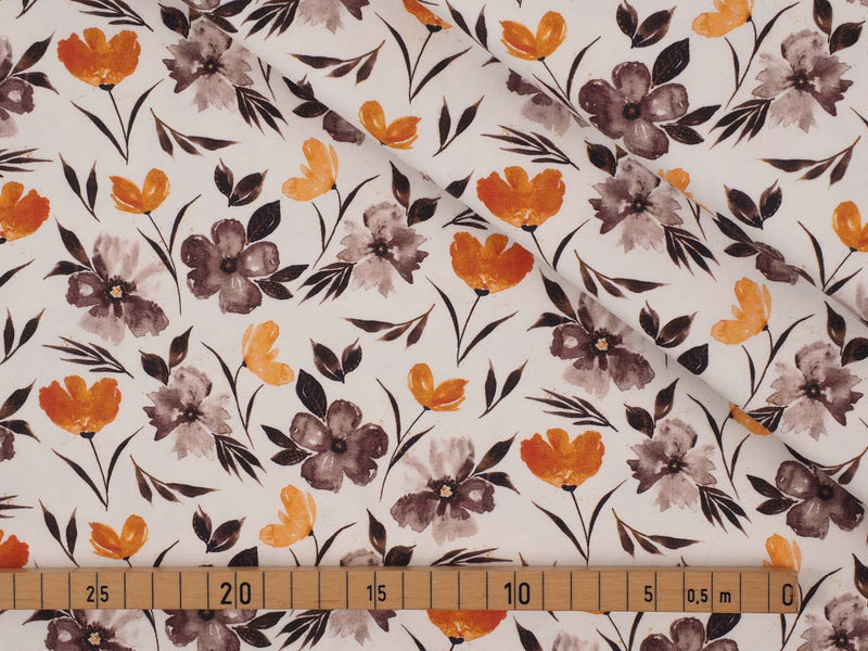 Jersey Baumwolle Snoozy Fabrics Aquarell Laub Blumen - weiß/orange