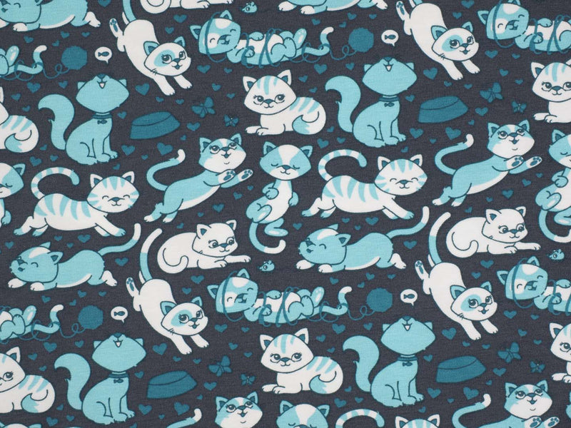 Jersey Baumwolle Katzen - graublau