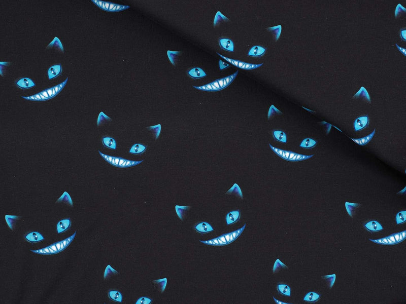 Jersey Baumwolle grinsende Katze - dunkelblau/schwarz