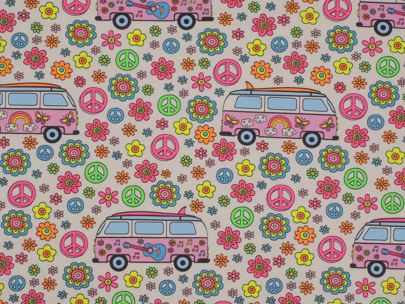 Jersey Baumwolle Bulli Hippi Bus Peace Frieden Blumen - weiß/bunt