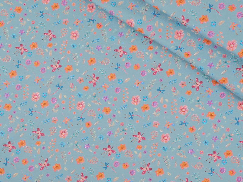 Jersey Baumwolle Schmetterlinge Blumen - türkis /blau